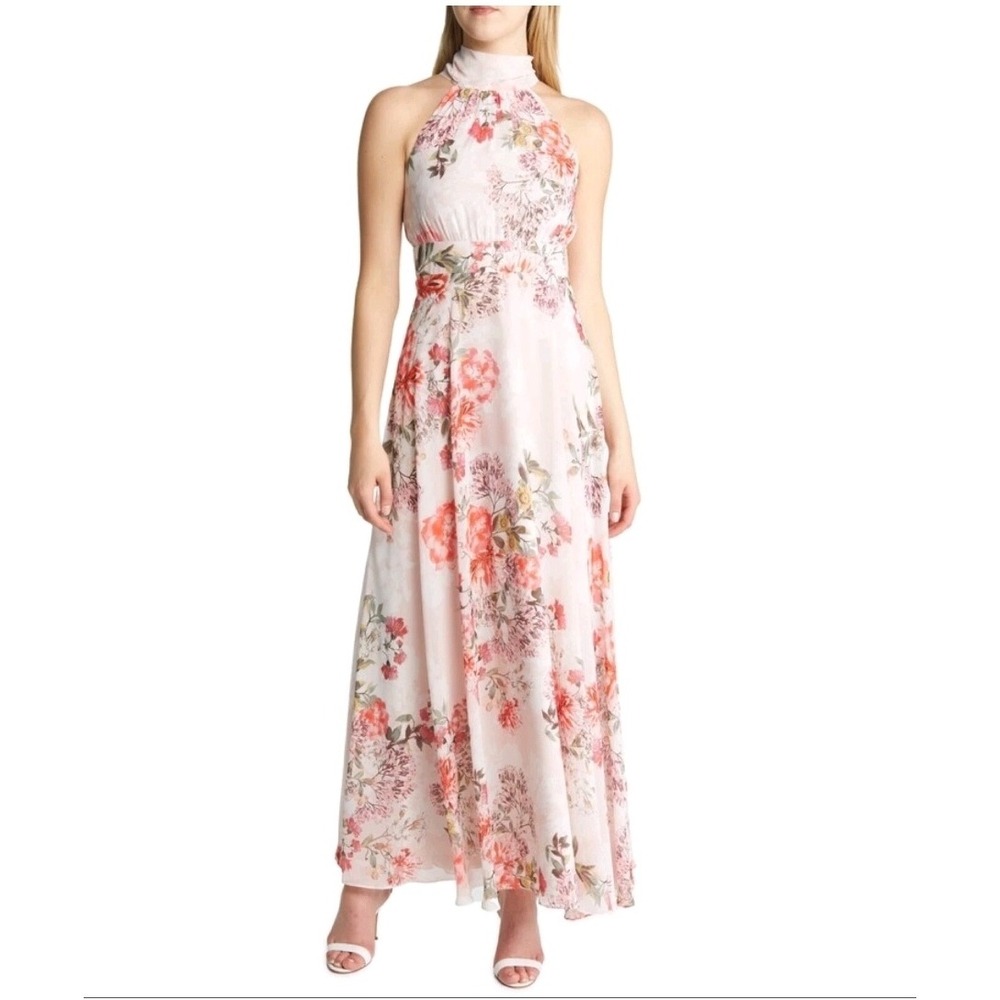 Eliza J Womens Pink Floral Halter Maxi Dress Bow Back Size 8